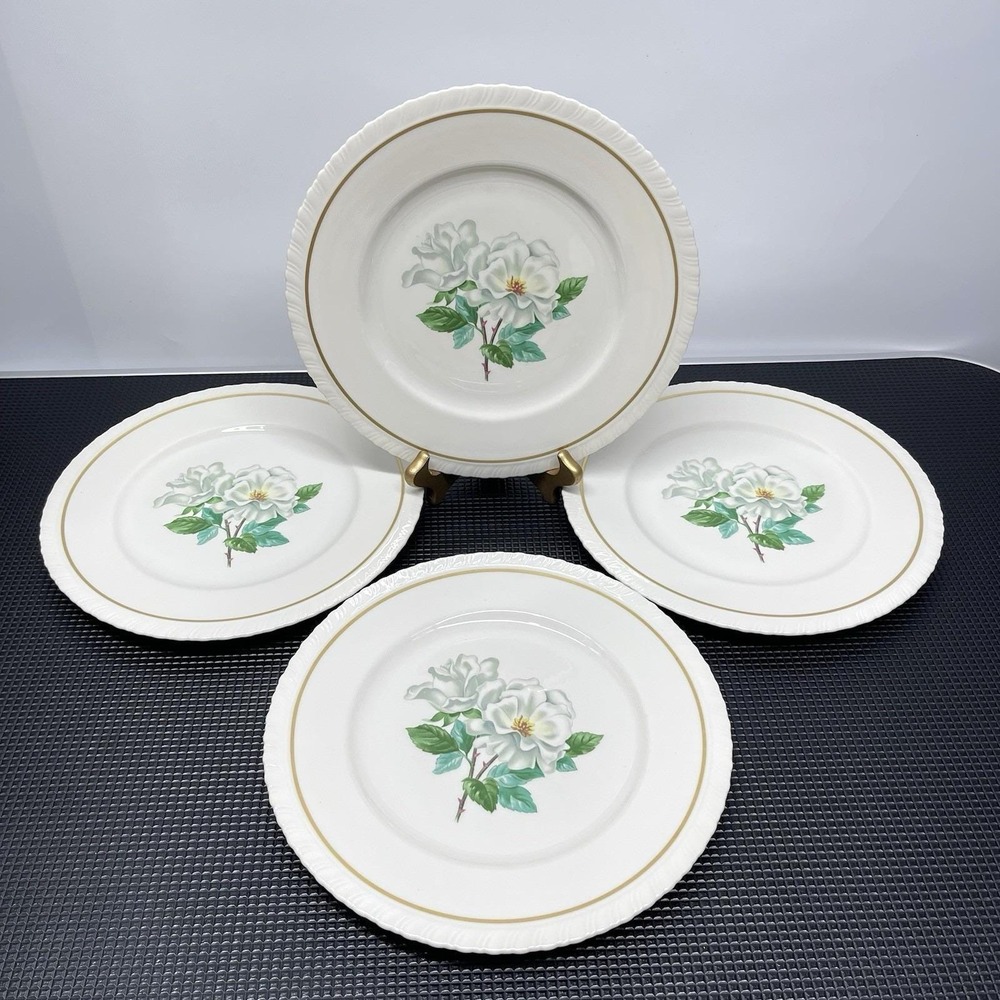 Vintage Hanover‎ China Silver Rose 10.5" Dinner Plate Set Floral Scalloped Edge